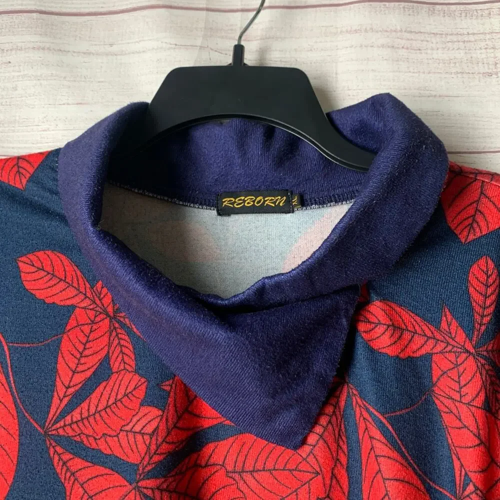 Reborn Navy Blue with Red Leaf Pattern Dress Folded Cowl Neck Fall Leaves XL
